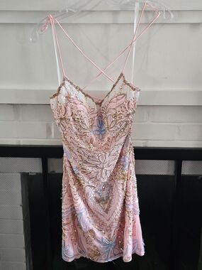 Embellished Pink Sequin Mini Dress with Crisscross Straps